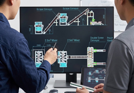 Engineers reviewing tailored 2D CAD layout drawings for custom mushroom production line solution.